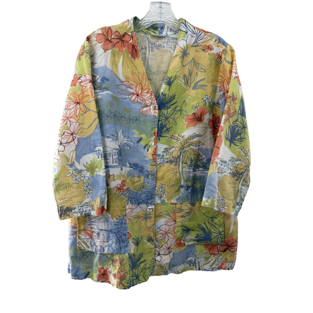 Hot Cotton Women's Multicolor Coastal Floral Tropical Linen Cotton Jacket Size L
